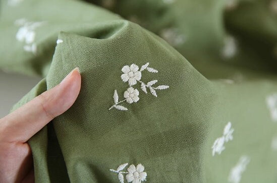 SALE, Green color cotton linen fabric, embroidered white flower fabric, fabric by the yard