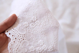 SALE, 100% cotton fabric, white color floral embroidery, handmade cotton fabric, DIY dress fabric,scallop edge fabric, by the yard
