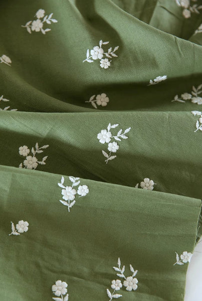 SALE, Green color cotton linen fabric, embroidered white flower fabric, fabric by the yard