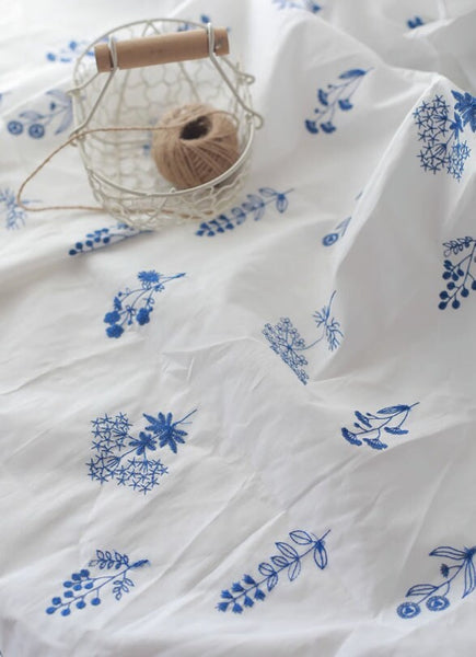 White Color with  Embroidered Blue Flower, Pure Cotton Embroidery,Tablecloth Fabric, Handmade DIY Fabric
