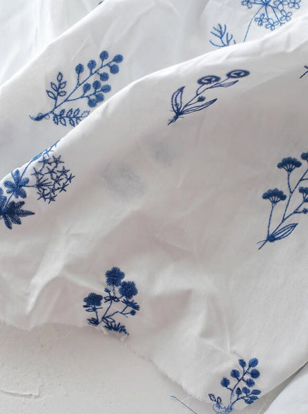 White Color with  Embroidered Blue Flower, Pure Cotton Embroidery,Tablecloth Fabric, Handmade DIY Fabric