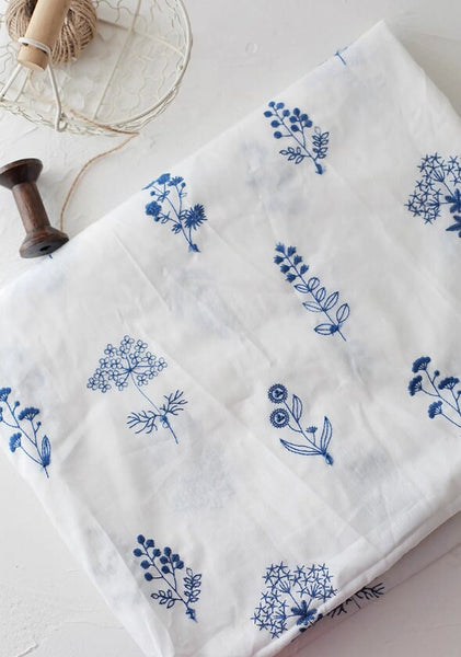 White Color with  Embroidered Blue Flower, Pure Cotton Embroidery,Tablecloth Fabric, Handmade DIY Fabric