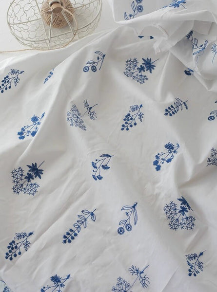 White Color with  Embroidered Blue Flower, Pure Cotton Embroidery,Tablecloth Fabric, Handmade DIY Fabric