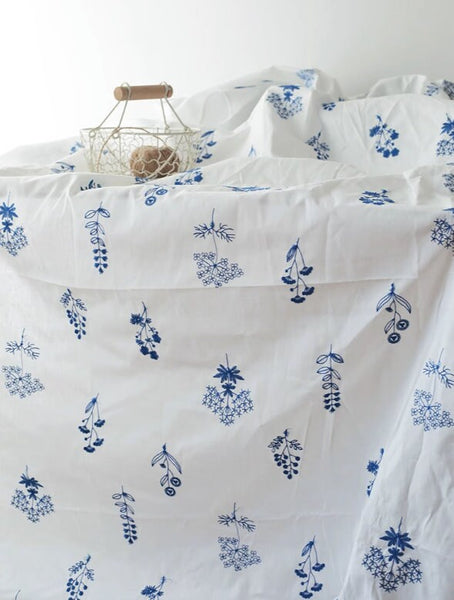 White Color with  Embroidered Blue Flower, Pure Cotton Embroidery,Tablecloth Fabric, Handmade DIY Fabric