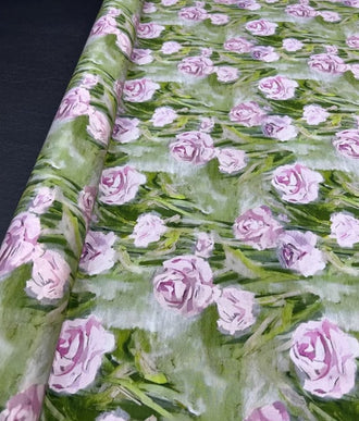 Silk stretch fabric, silk dress, oil painting silk fabric, green rose silk fabric