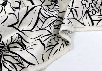 Soft Dropping Linen Fabric, Beige Bottom Black Sketching Flower Printed Linen Fabric, Spring/Summer Hanfu Skirt Fabric