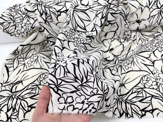Soft Dropping Linen Fabric, Beige Bottom Black Sketching Flower Printed Linen Fabric, Spring/Summer Hanfu Skirt Fabric