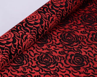 Red black color brocade fabric with rose pattern, jacquard fabric, cosplay dress fabric, by the yard