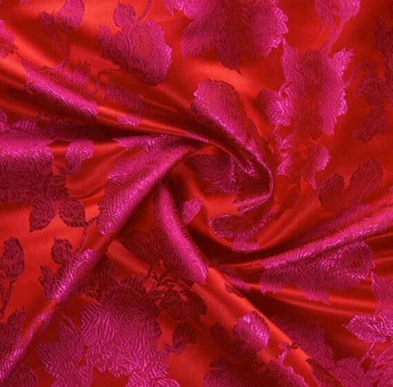 Chinese style cheongsam fabric, classical red flowers silk jacquard fabric