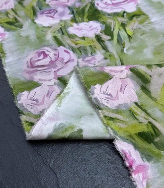 Silk stretch fabric, silk dress, oil painting silk fabric, green rose silk fabric
