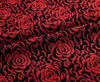 Red black color brocade fabric with rose pattern, jacquard fabric, cosplay dress fabric, by the yard