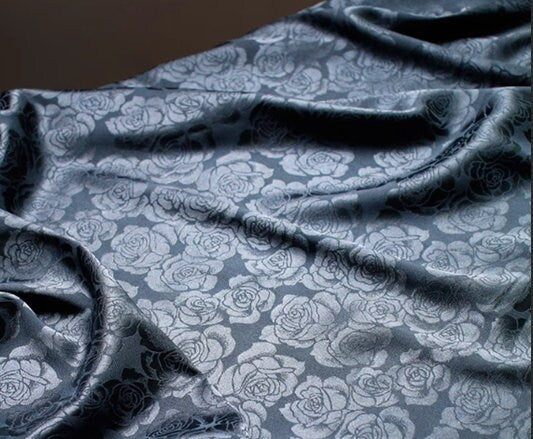 Bright soft rose pattern fabric, dark navy blue fabric,  smooth jacquard fabric