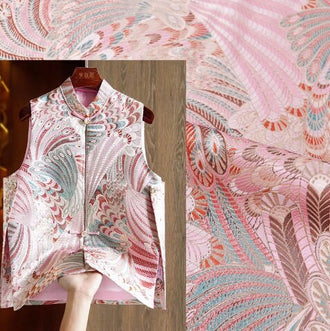 Wide light pink color brocade fabric, feather style jacquard fabric, cosplay dress fabric, by the yard