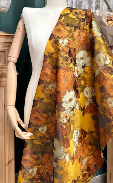 ON SALE, Vintage Yellow Brown Oil Painting Style Jacquard Fabric Dress Set Dress Fabric, Fabric by the yard
