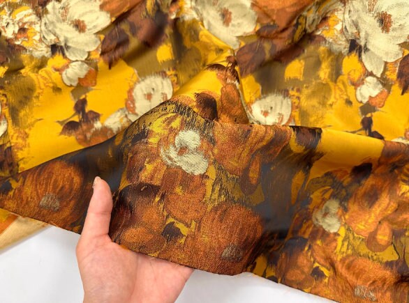 ON SALE, Vintage Yellow Brown Oil Painting Style Jacquard Fabric Dress Set Dress Fabric, Fabric by the yard