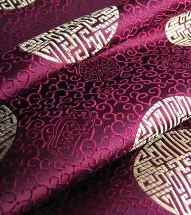 Chinese Traditional Auspicious Patterns Fabric, Purple Red Gold Brocade Fabric, Jacquard Fabric, Lucky Pattern Fabric