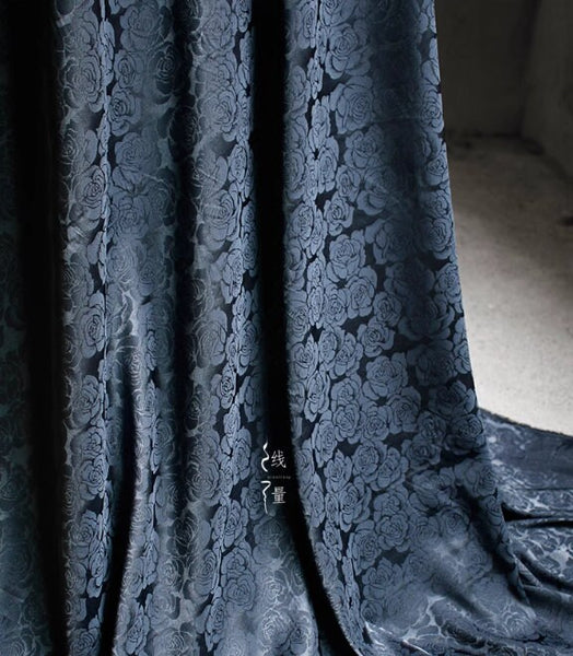 Bright soft rose pattern fabric, dark navy blue fabric,  smooth jacquard fabric