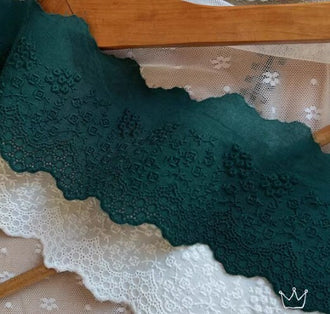 SALE, off-white /dark green  color lace trim, cotton lace Trim, DIY Dress lace Trim, Wedding accessories - 3.54" wide 2 yards long