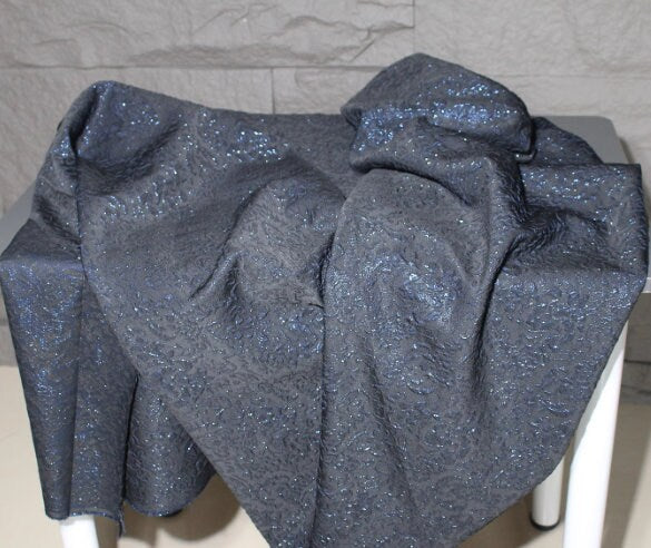 Dark blue patterned fabric with embossed and pleated texture, three-dimensional jacquard dress, designer fabric