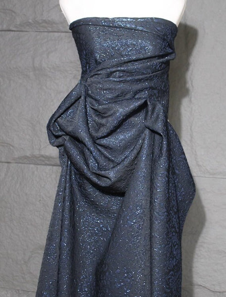 Dark blue patterned fabric with embossed and pleated texture, three-dimensional jacquard dress, designer fabric