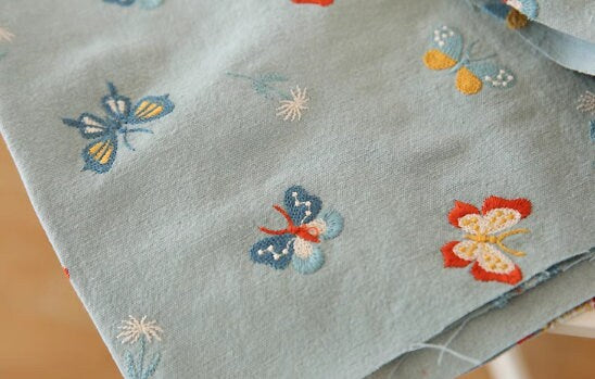 SALE, Butterfly embroidered cotton linen fabric, canvas fabric, handbags fabric, sofas fabric, pillows fabric, seat cushions fabric