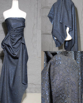 Dark blue patterned fabric with embossed and pleated texture, three-dimensional jacquard dress, designer fabric