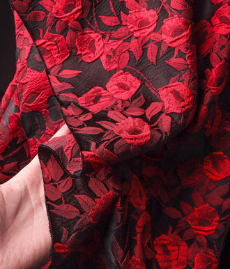 Black red color jacquard fabric with rose pattern, fashion jacket jacquard fabric, by the yard