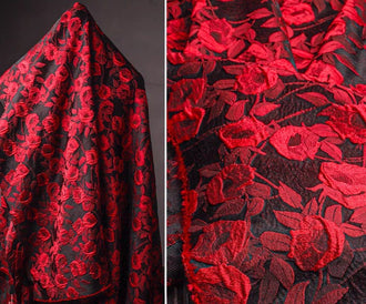 Black red color jacquard fabric with rose pattern, fashion jacket jacquard fabric, by the yard