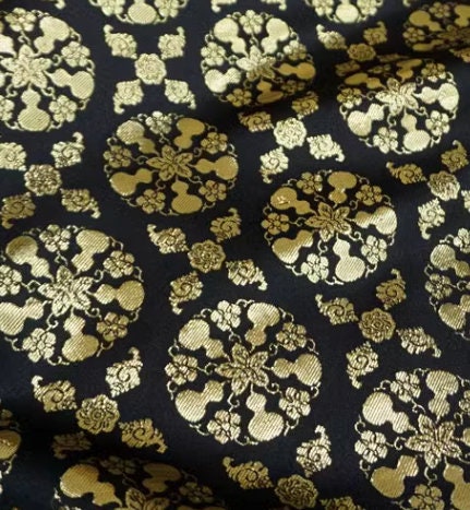 Black color brocade fabric with gold gourd pattern, jacquard fabric, Chinese patterns brocade fabric,  by the yard