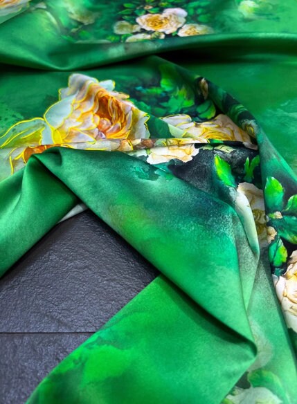 Spring fabric wide silk fabric, green color stretch silk fabric, peony pattern silk stretch satin,, fabric by the yard