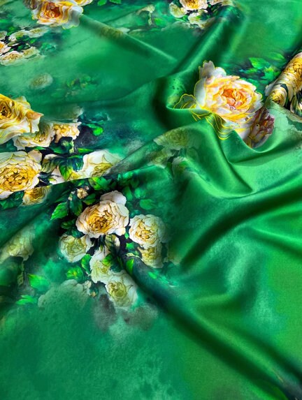 Spring fabric wide silk fabric, green color stretch silk fabric, peony pattern silk stretch satin,, fabric by the yard