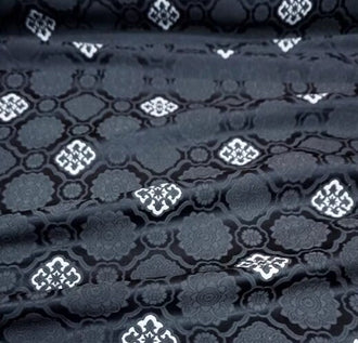 Black and white color brocade fabric, Baoxiang flower pattern jacquard brocade fabric, Chinese style satin fabric