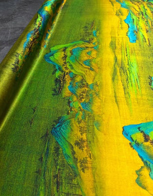 Spring fabric silk fabric, yellow green color stretch silk fabric, landscape pattern, silk stretch satin,, fabric by the yard