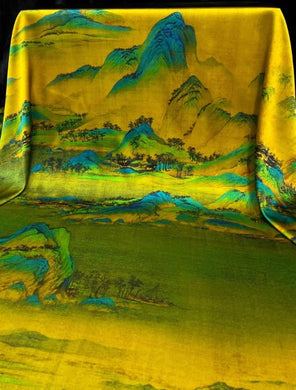Spring fabric silk fabric, yellow green color stretch silk fabric, landscape pattern, silk stretch satin,, fabric by the yard