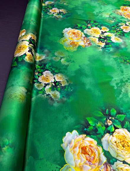 Spring fabric wide silk fabric, green color stretch silk fabric, peony pattern silk stretch satin,, fabric by the yard
