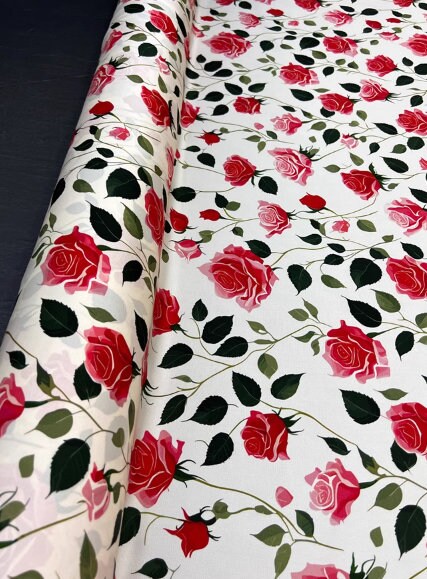 Spring fabric wide silk fabric, off-white color stretch silk fabric, red rose pattern silk stretch satin,, fabric by the yard