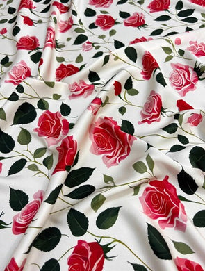 Spring fabric wide silk fabric, off-white color stretch silk fabric, red rose pattern silk stretch satin,, fabric by the yard