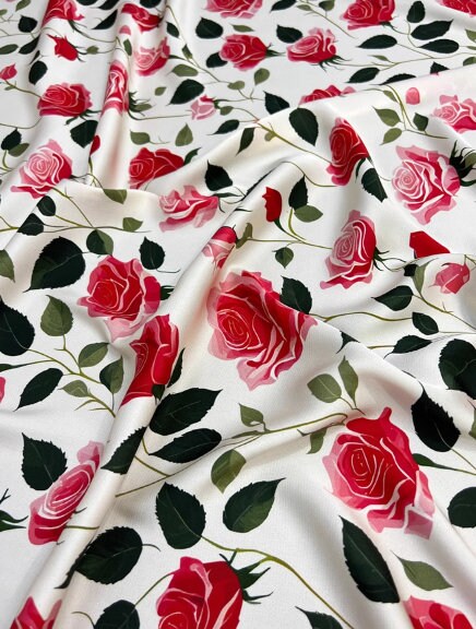 Spring fabric wide silk fabric, off-white color stretch silk fabric, red rose pattern silk stretch satin,, fabric by the yard