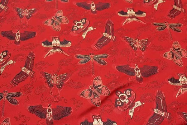 Red color brocade fabric with kite pattern, jacquard fabric, butterfly and bird style brocade fabric, cosplay dress fabric, by the yard