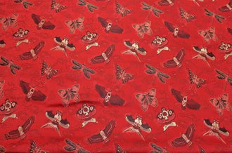 Red color brocade fabric with kite pattern, jacquard fabric, butterfly and bird style brocade fabric, cosplay dress fabric, by the yard