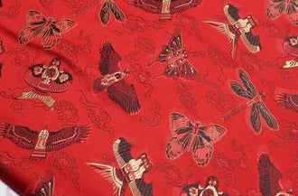 Red color brocade fabric with kite pattern, jacquard fabric, butterfly and bird style brocade fabric, cosplay dress fabric, by the yard