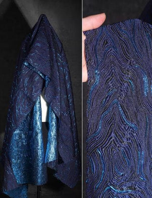 30%Off-Navy blue gold glossy jacquard texture fabric, jacket dress fabric,  wave pattern jacquard, retro Chinese style wedding dress fabric