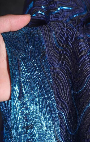 30%Off-Navy blue gold glossy jacquard texture fabric, jacket dress fabric,  wave pattern jacquard, retro Chinese style wedding dress fabric
