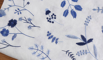 Wholesale fabric, 2 Color Ramie fabric, off-white/black color embroidery blue flower fabric, curtains fabric, Summer dress fabric