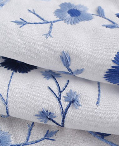 Wholesale fabric, 2 Color Ramie fabric, off-white/black color embroidery blue flower fabric, curtains fabric, Summer dress fabric