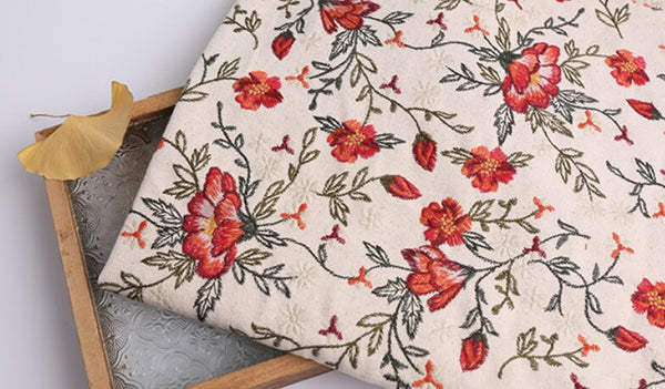 Wholesale fabric, cream color canvas fabric, floral embroidery fabric, tote bag fabric for handbags fabric by the yard