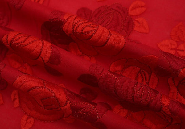 Wholesale fabric, High quality red rose embroidery fabric, cotton embroidery, fabric by the yard for Summer dress