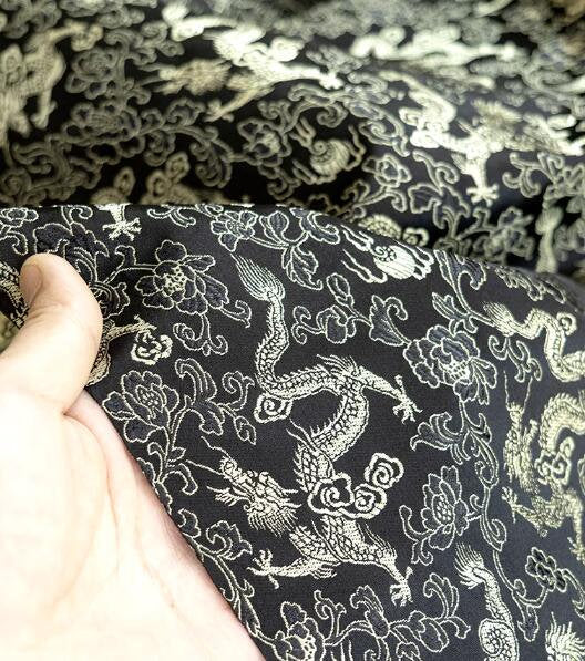 Wide fabric, black color jacquard fabric with champagne gold dragon pattern,  cosplay dress fabric, fabric by the yard