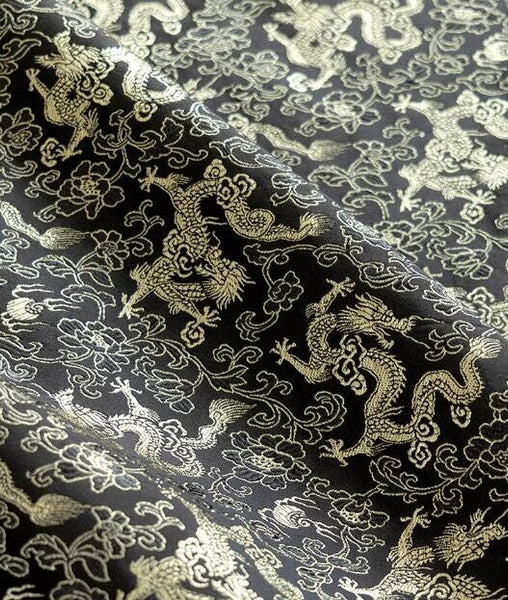 Wide fabric, black color jacquard fabric with champagne gold dragon pattern,  cosplay dress fabric, fabric by the yard