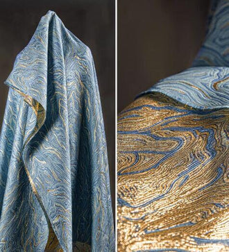 30%Off-Light blue gold glossy jacquard texture fabric, jacket dress fabric,  wave pattern jacquard, retro Chinese style wedding dress fabric